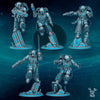 Three 3D printed Scylla Legion Assault Squad models by Last Hope Miniatures, featuring detailed armor and weaponry, assembled on display.
