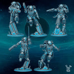 Three 3D printed Scylla Legion Assault Squad models by Last Hope Miniatures, featuring detailed armor and weaponry, assembled on display.
