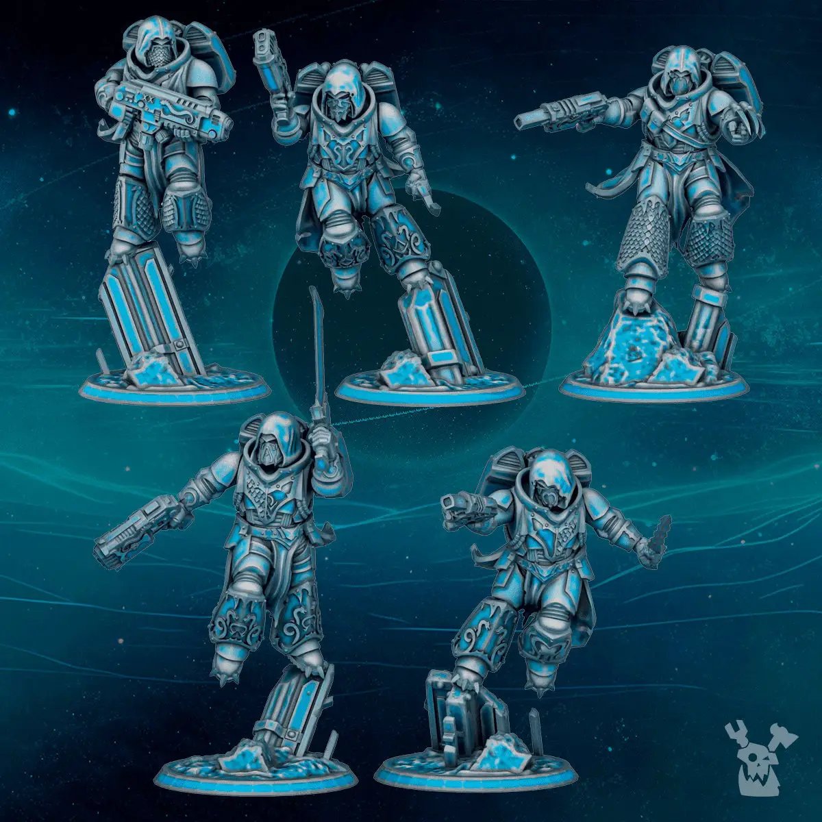 Three 3D printed Scylla Legion Assault Squad models by Last Hope Miniatures, featuring detailed armor and weaponry, assembled on display.