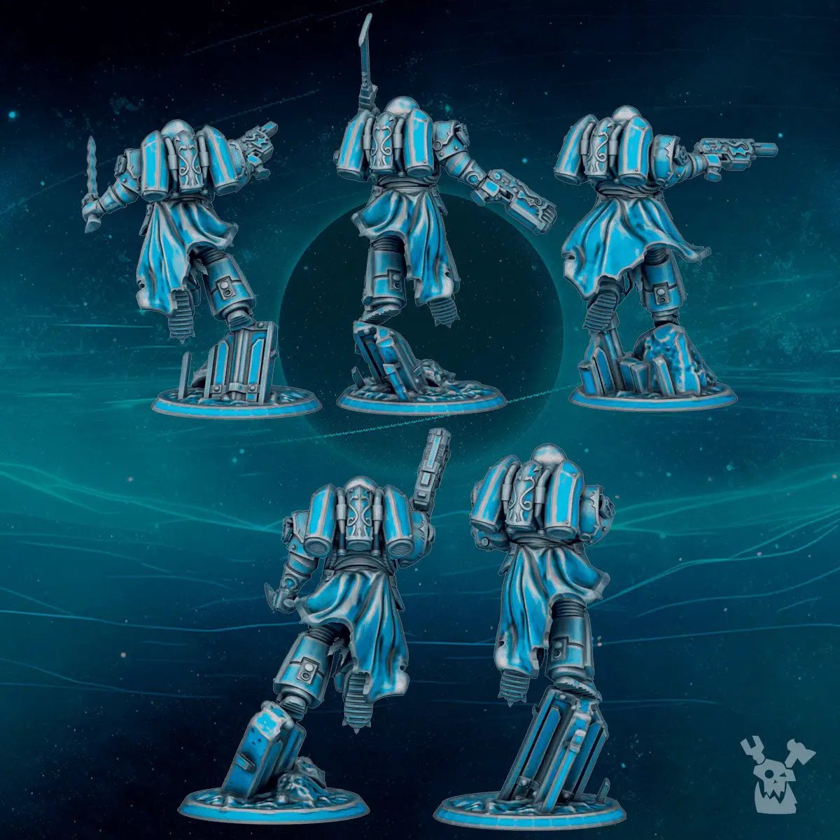 Set of five 3D printed Scylla Legion Assault Squad models by Last Hope Miniatures for DakkaDakka Miniatures, detailed miniature models.