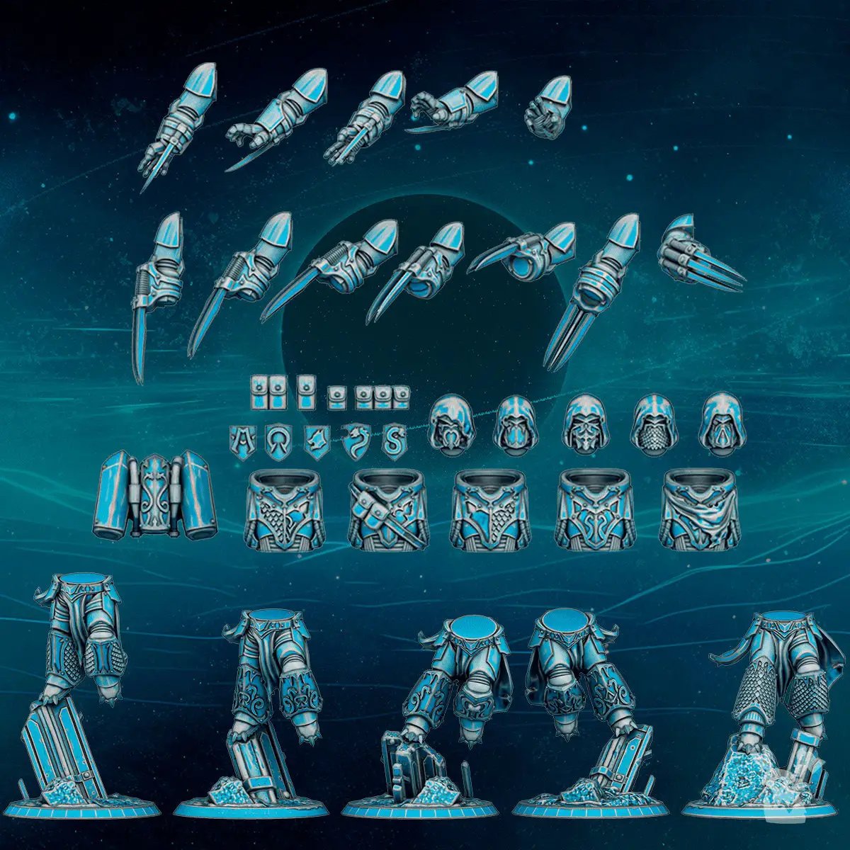 Set of five 3D printed Scylla Legion Assault Squad models by Last Hope Miniatures, detailed sci-fi tabletop miniatures.
