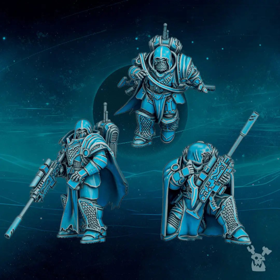 Three 3D printed Scylla Legion Dragon Hunters models by Last Hope Miniatures, detailed fantasy tabletop gaming miniatures.