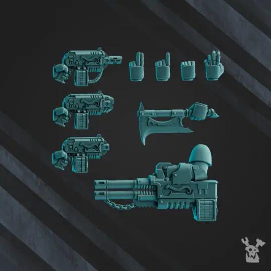 Five 3D-printed Scylla Legion Heavy Destroyer models by Last Hope Miniatures, detailed sci-fi tabletop miniatures for gaming.