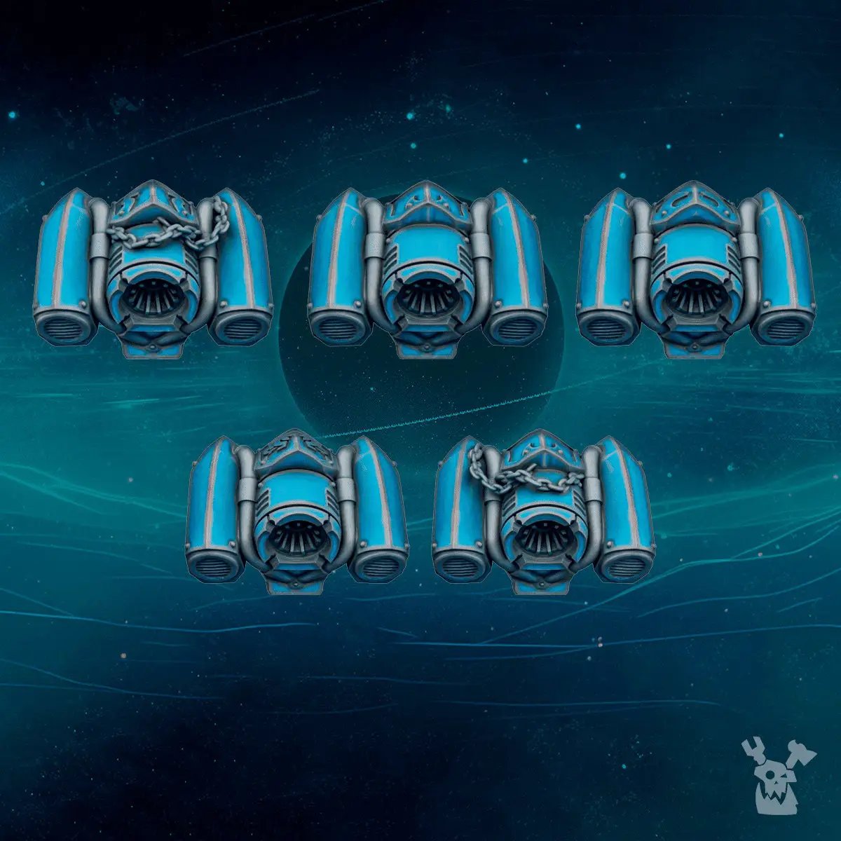 Three 3D printed Scylla Legion Jetpacks models by DakkaDakka Miniatures for Last Hope Miniatures, shown on a white background.