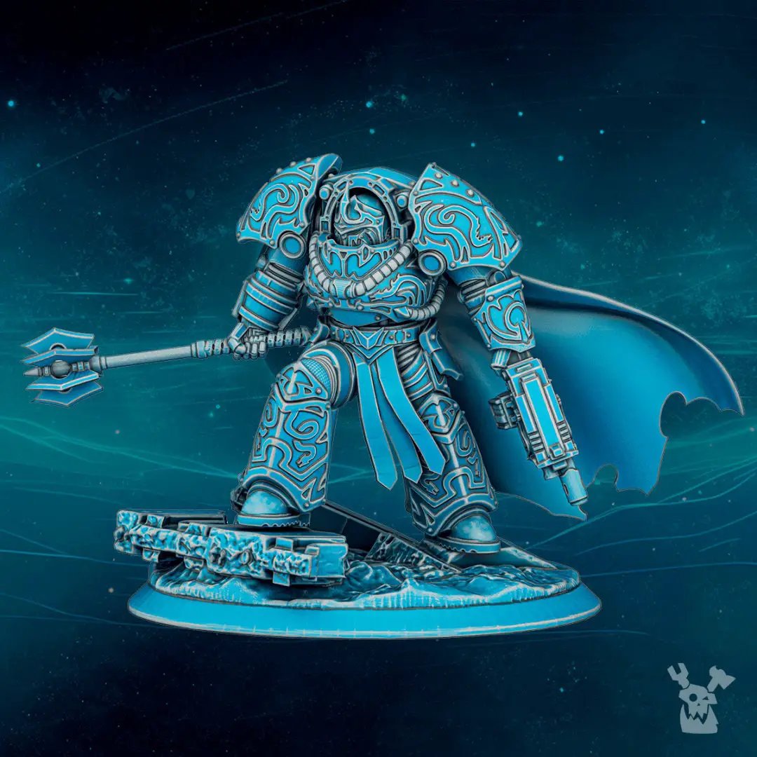 3D printed Scylla Legion Lord Master Amegon model by Last Hope Miniatures, featuring detailed miniature with intricate armor and weaponry.