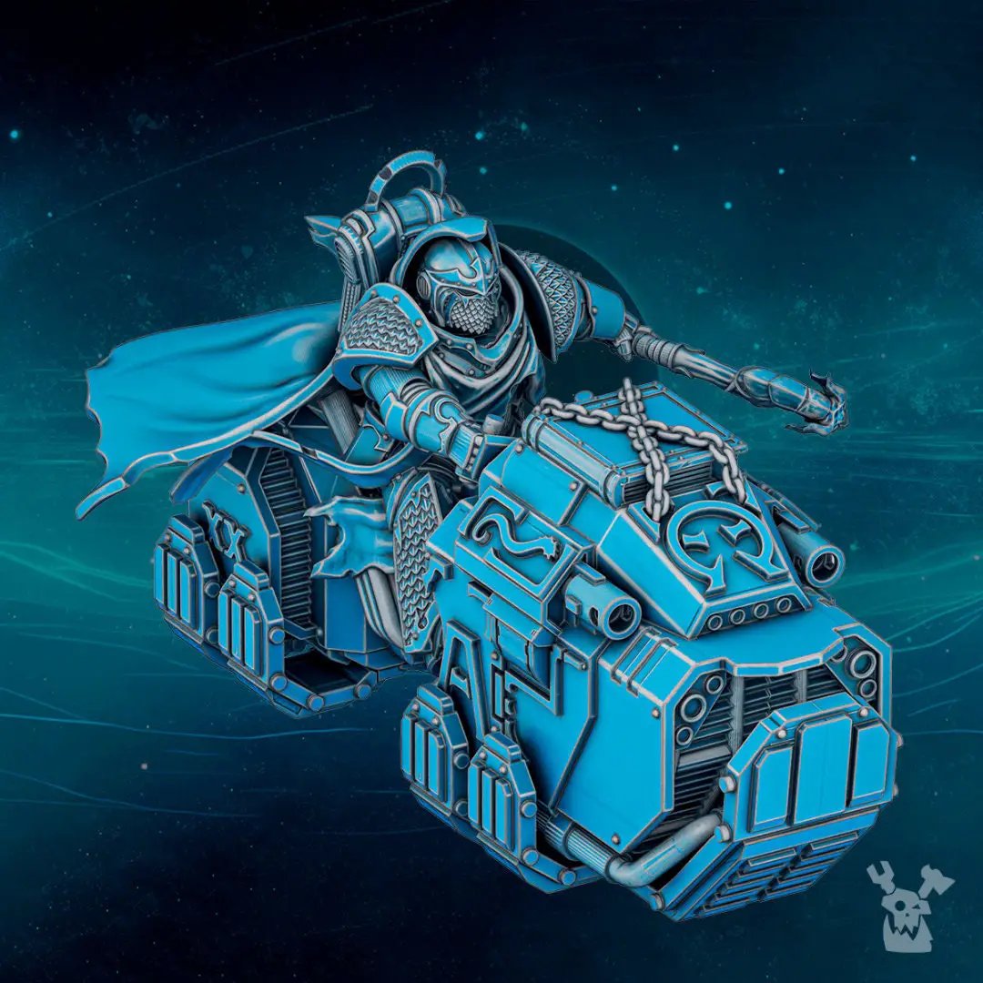 3D printed Scylla Legion Mage model on bike by DakkaDakka Miniatures, displayed on a white background.