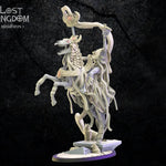 3D printed model of Seb, the headless sorcerer from Lost Kingdom Miniatures, displayed on a stand with detailed features.