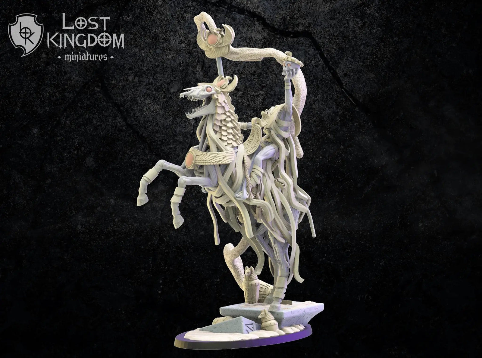 3D printed model of Seb, the headless sorcerer from Lost Kingdom Miniatures, displayed on a stand with detailed features.