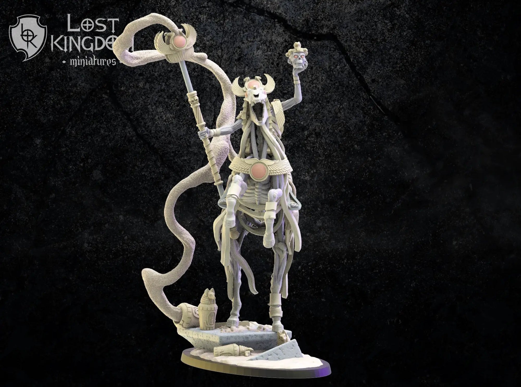 3D printed model of Seb, The Headless Sorcerer by Lost Kingdom Miniatures, featuring intricate details and a dynamic pose.