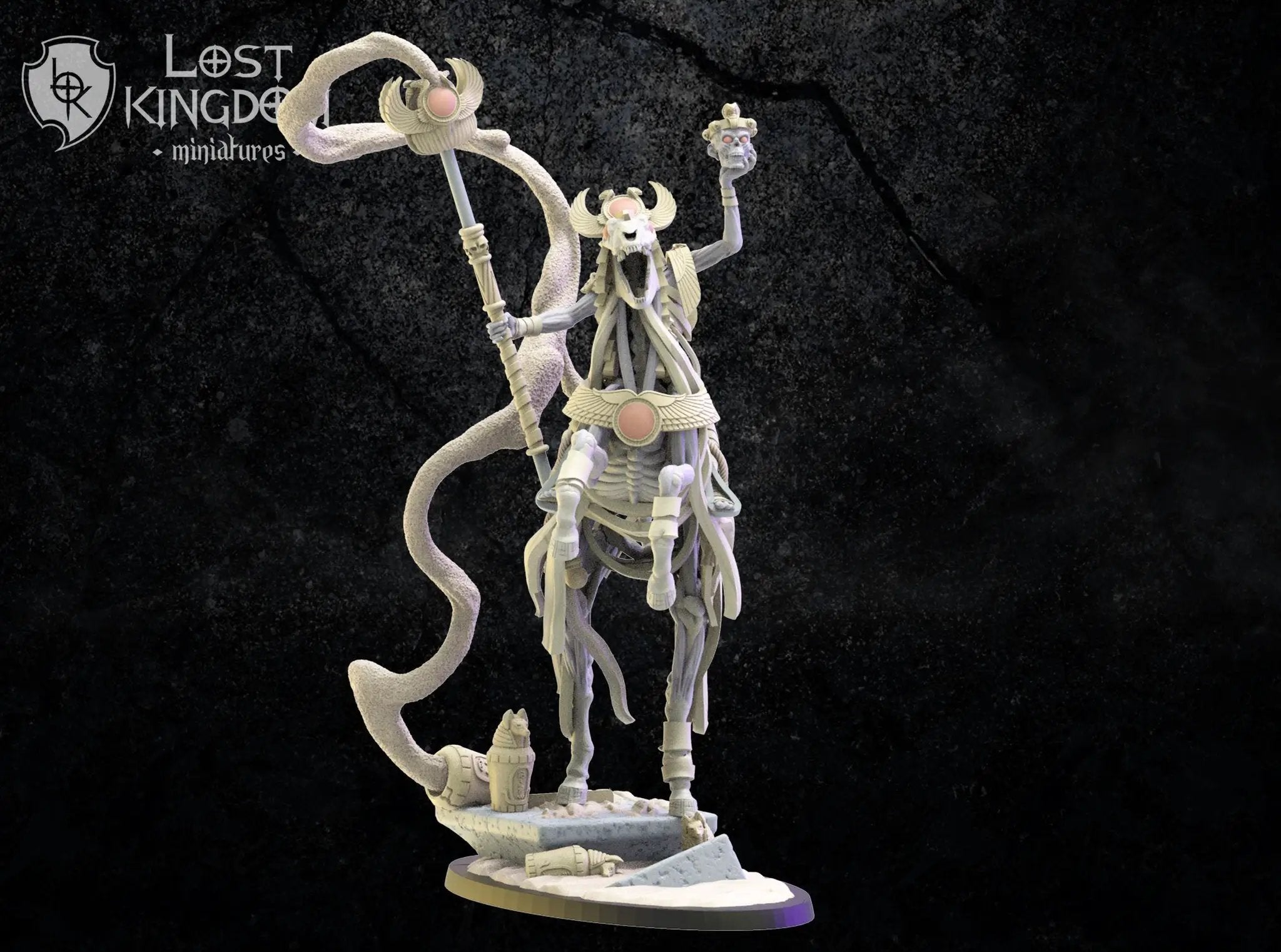 3D printed model of Seb, The Headless Sorcerer by Lost Kingdom Miniatures, featuring intricate details and a dynamic pose.