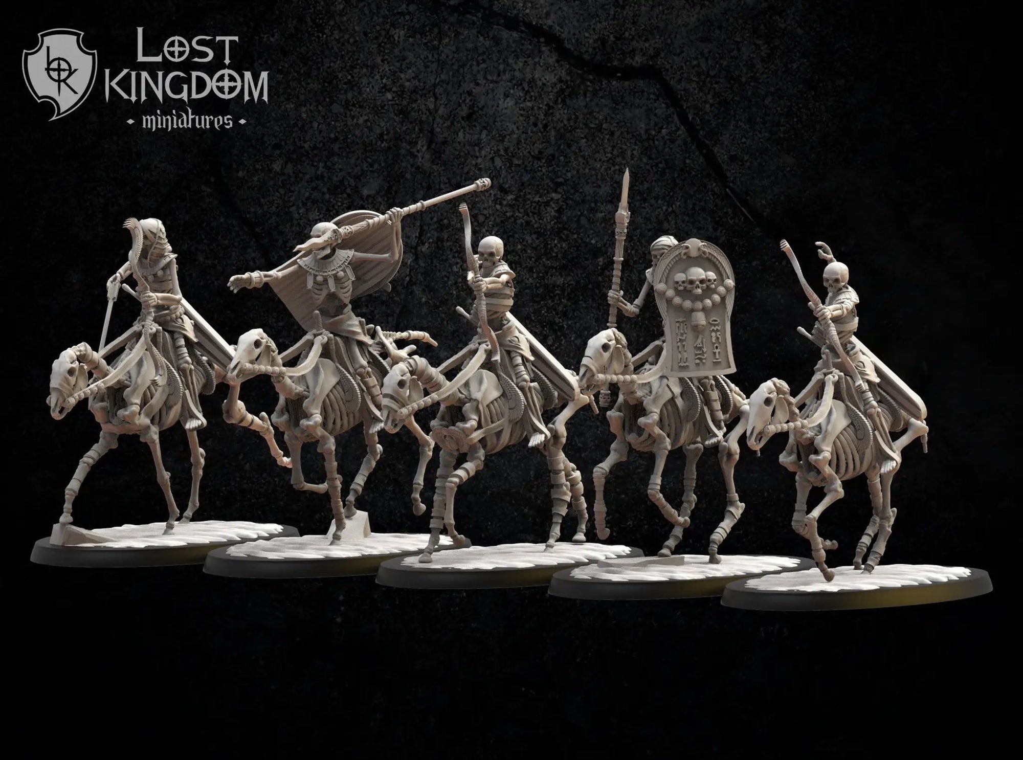 Set of five 3D printed Second Dynasty Knights models by Lost Kingdom Miniatures, detailed medieval armor and weaponry, Last Hope Miniatures.