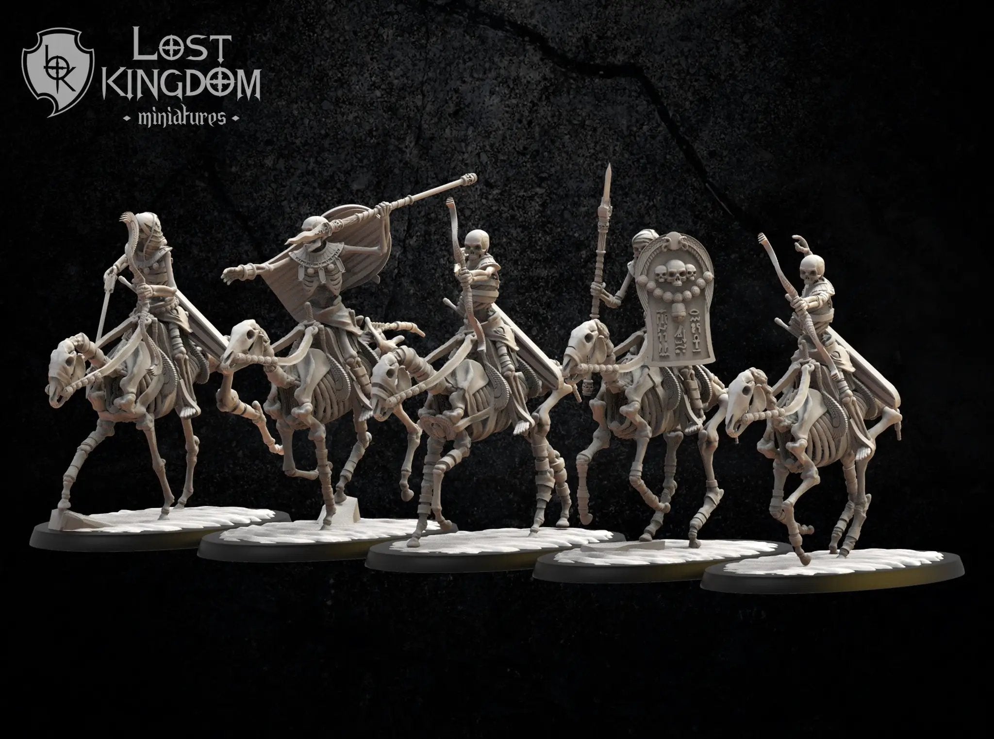 Set of five 3D printed Second Dynasty Knights models by Lost Kingdom Miniatures, detailed medieval armor and weaponry, Last Hope Miniatures.