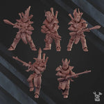 3D printed Shadow Blade Squad model set with five miniatures by Last Hope Miniatures, designed for tabletop gaming.