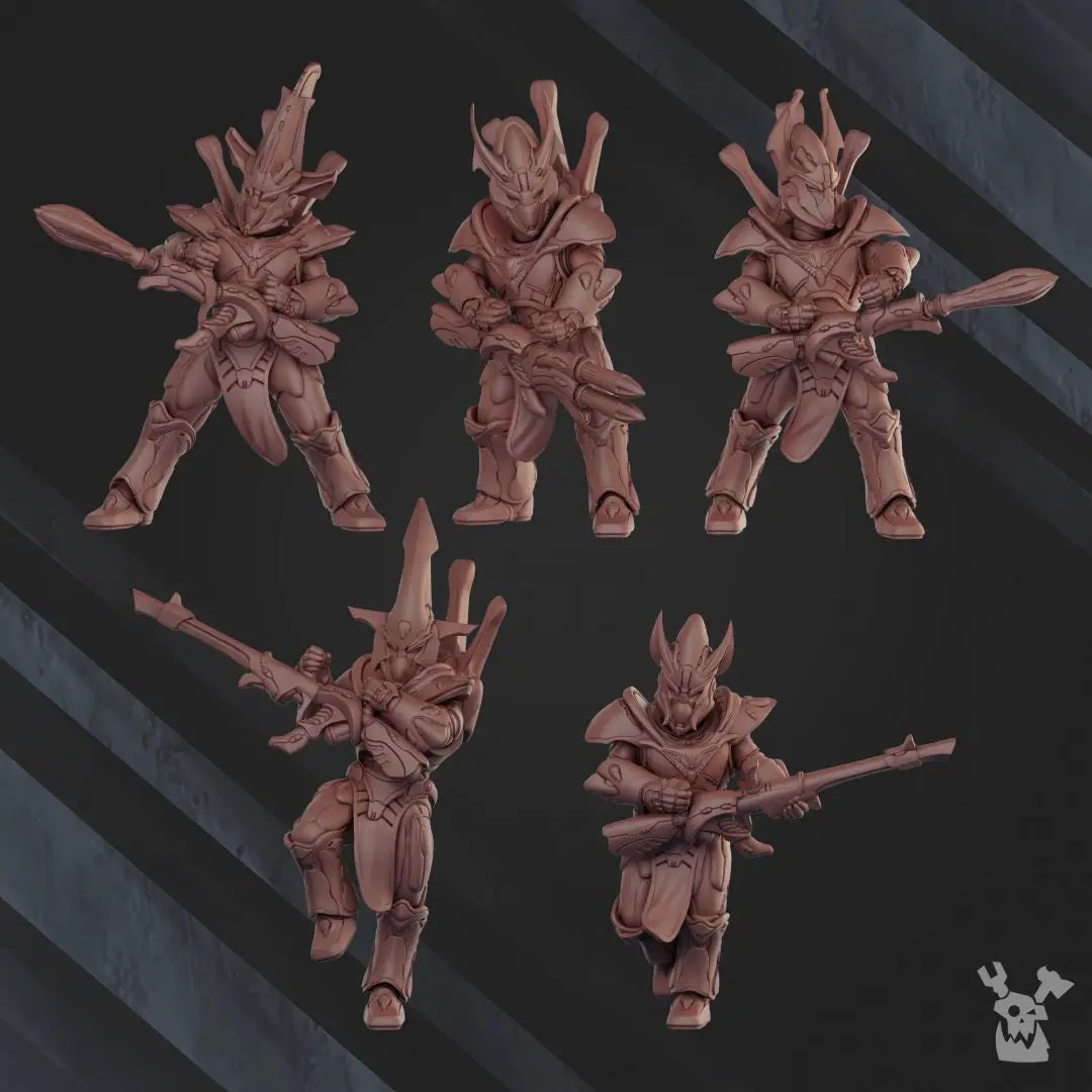 3D printed Shadow Blade Squad model set with five miniatures by Last Hope Miniatures, designed for tabletop gaming.