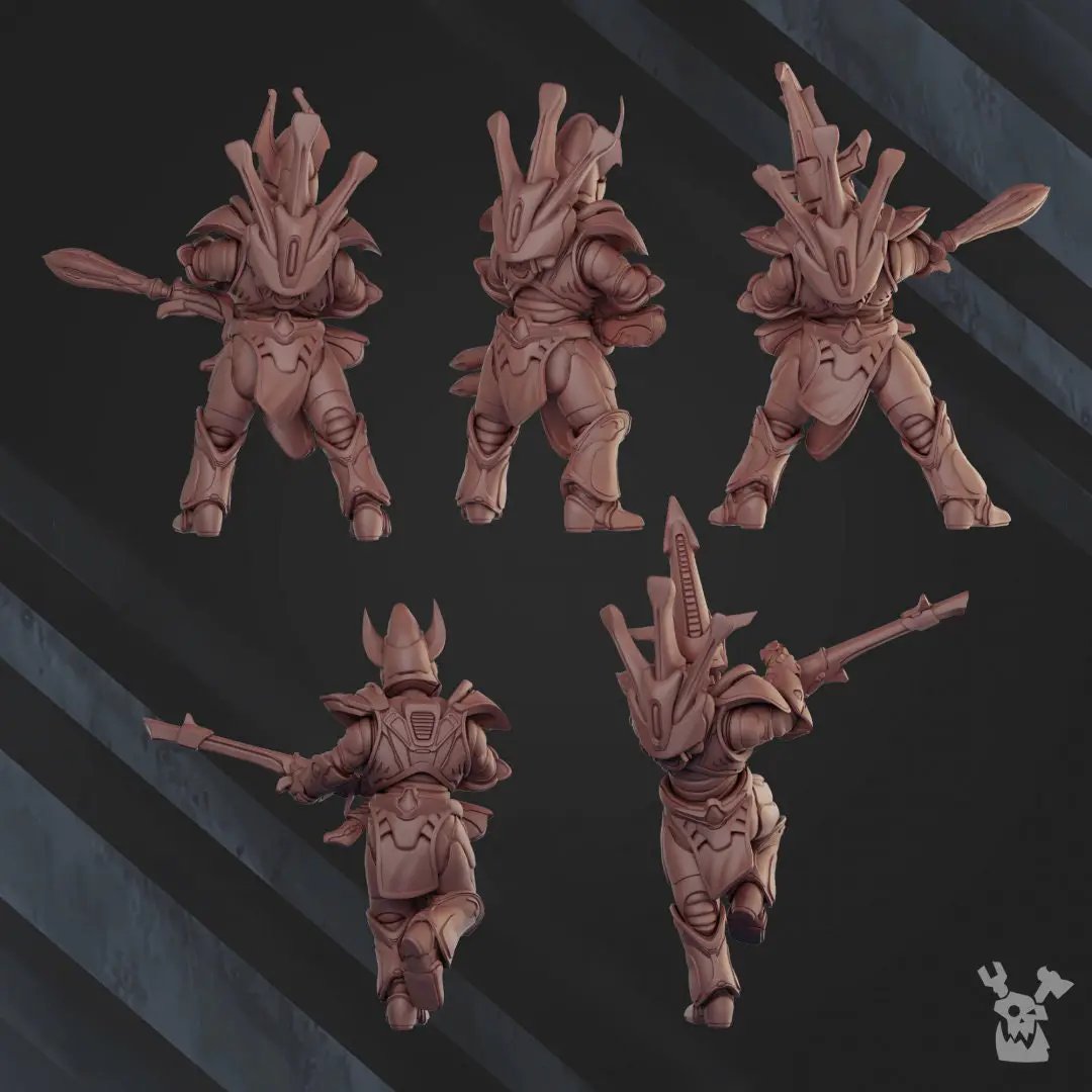 3D printed Shadow Blade Squad model by DakkaDakka Miniatures, five detailed miniatures from Last Hope Miniatures displayed.