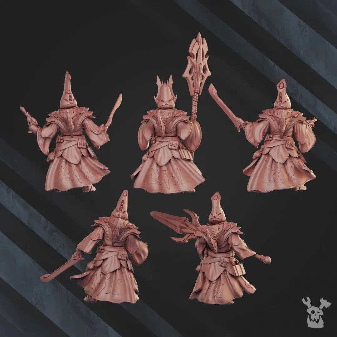 Set of five 3D printed Shadow Casters Squad miniatures by Last Hope Miniatures, featuring detailed sci-fi models by DakkaDakka.