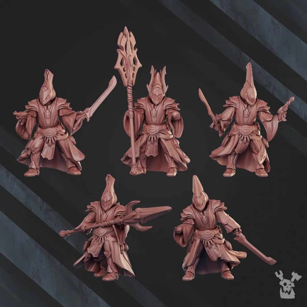 Set of five 3D printed Shadow Casters Squad models by Last Hope Miniatures, detailed sci-fi miniatures for tabletop gaming.