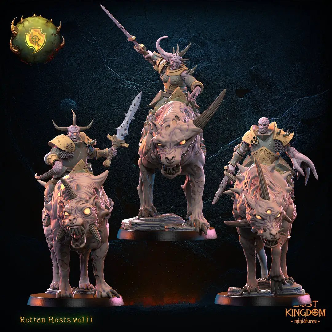 Three 3D printed Sickness Knights riding rotten wolf models by Lost Kingdom Miniatures, detailed fantasy tabletop miniatures.