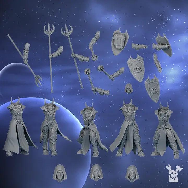 Set of 10 3D printed silver Guards Squad models by Last Hope Miniatures for tabletop gaming, detailed miniatures on a plain background.
