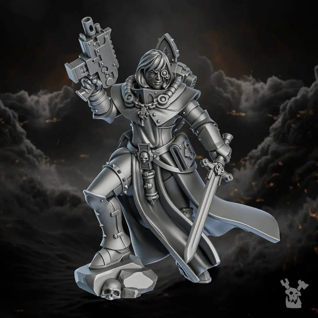 3D printed Sister Verid model by Last Hope Miniatures from DakkaDakka Miniatures, showing detailed armor and pose