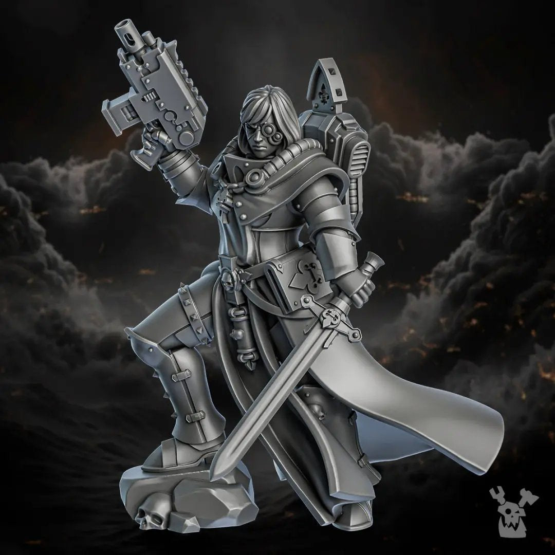 3D printed Sister Verid model by DakkaDakka Miniatures, designed by Last Hope Miniatures, showing detailed figure with armor and weaponry.