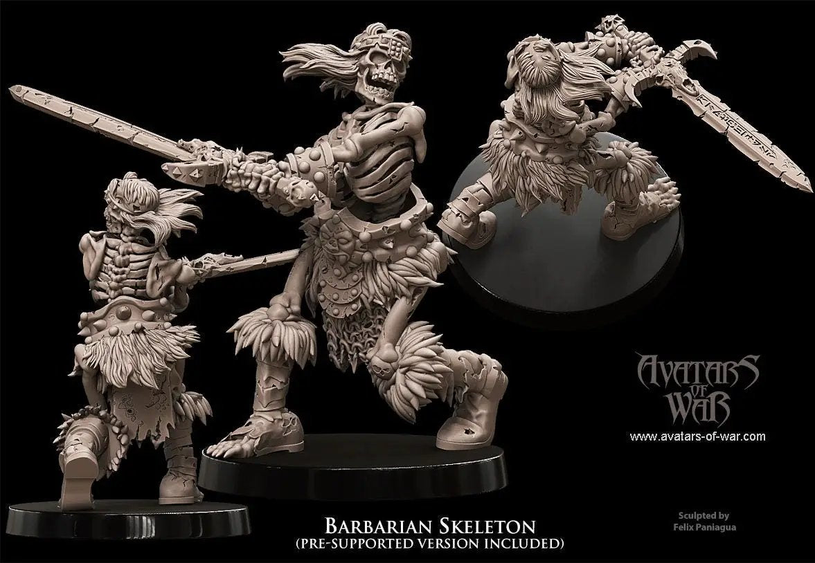 3D printed Skeletal Barbarian model by Last Hope Miniatures for Avatars of War, detailed skeletal warrior with armor and weapon.