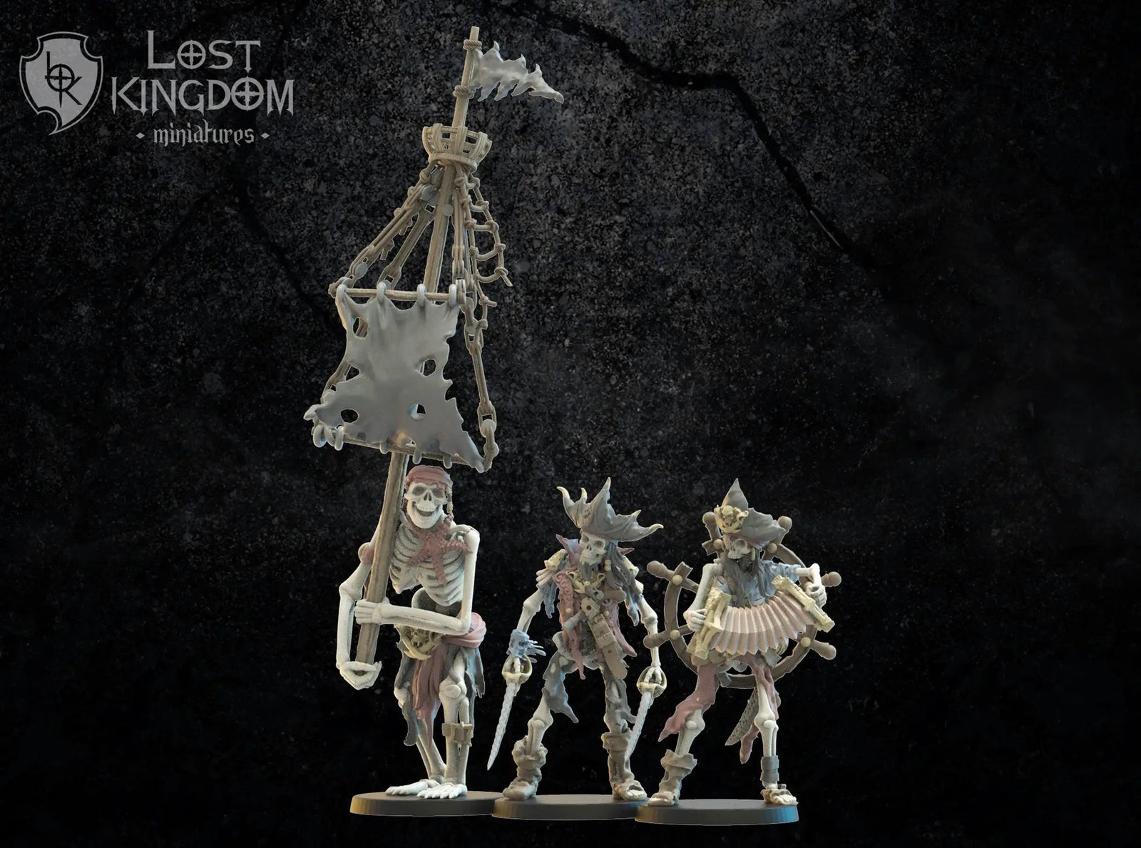 3D printed Skeletal Buccaneers Command Group model by Lost Kingdom Miniatures, featuring detailed skeletal pirate figures in commanding poses.