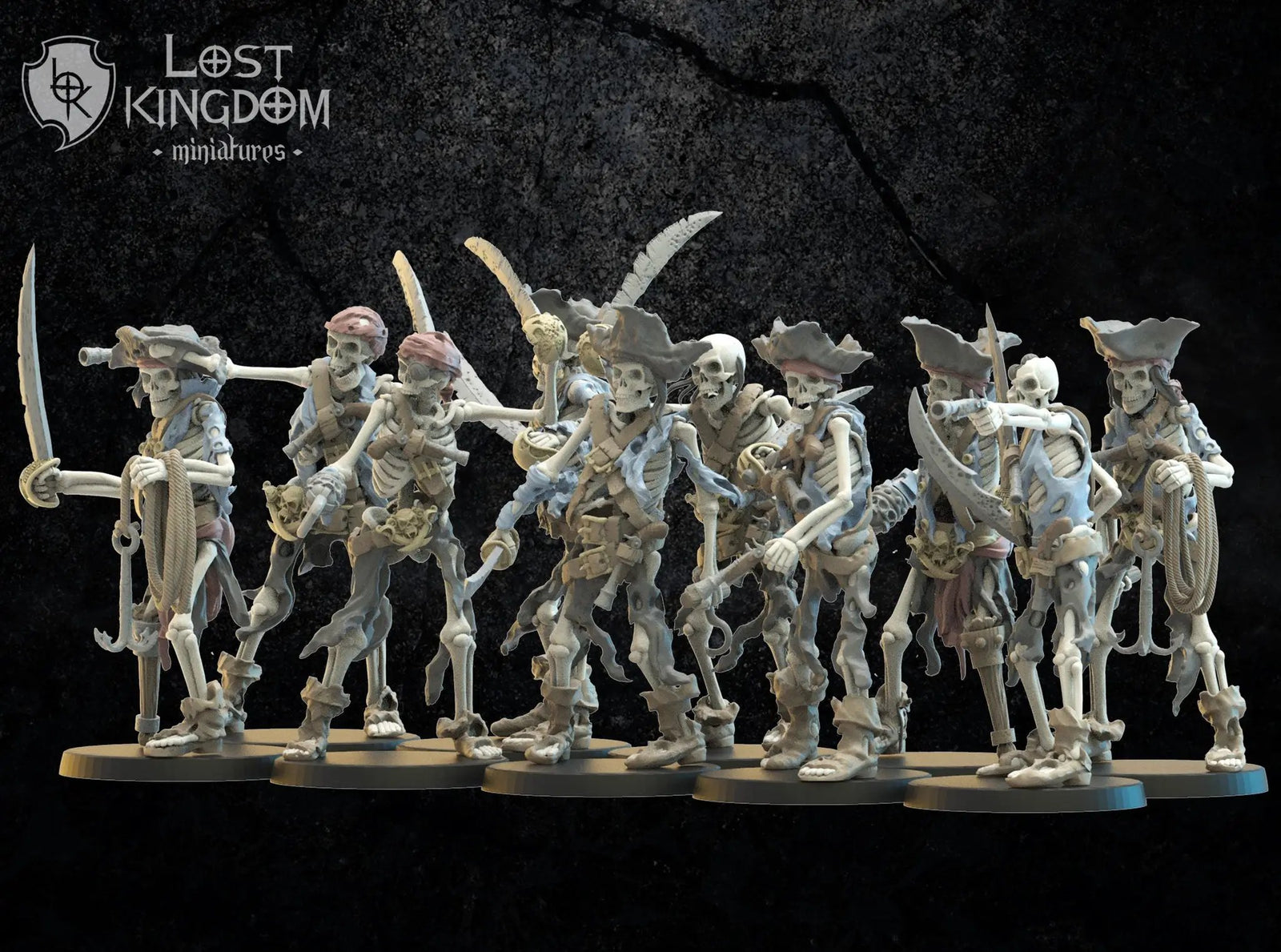 10 3D-printed skeletal Buccaneers miniatures by Lost Kingdom Miniatures, featuring detailed pirate skeleton figures for tabletop gaming.