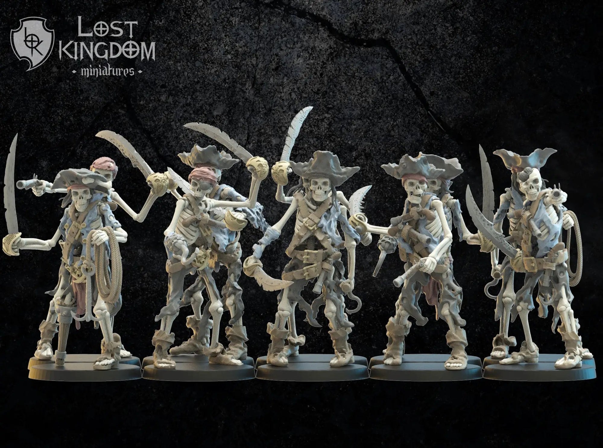 Set of ten 3D printed skeletal buccaneers model miniatures by Lost Kingdom Miniatures, detailed pirate skeleton figures.