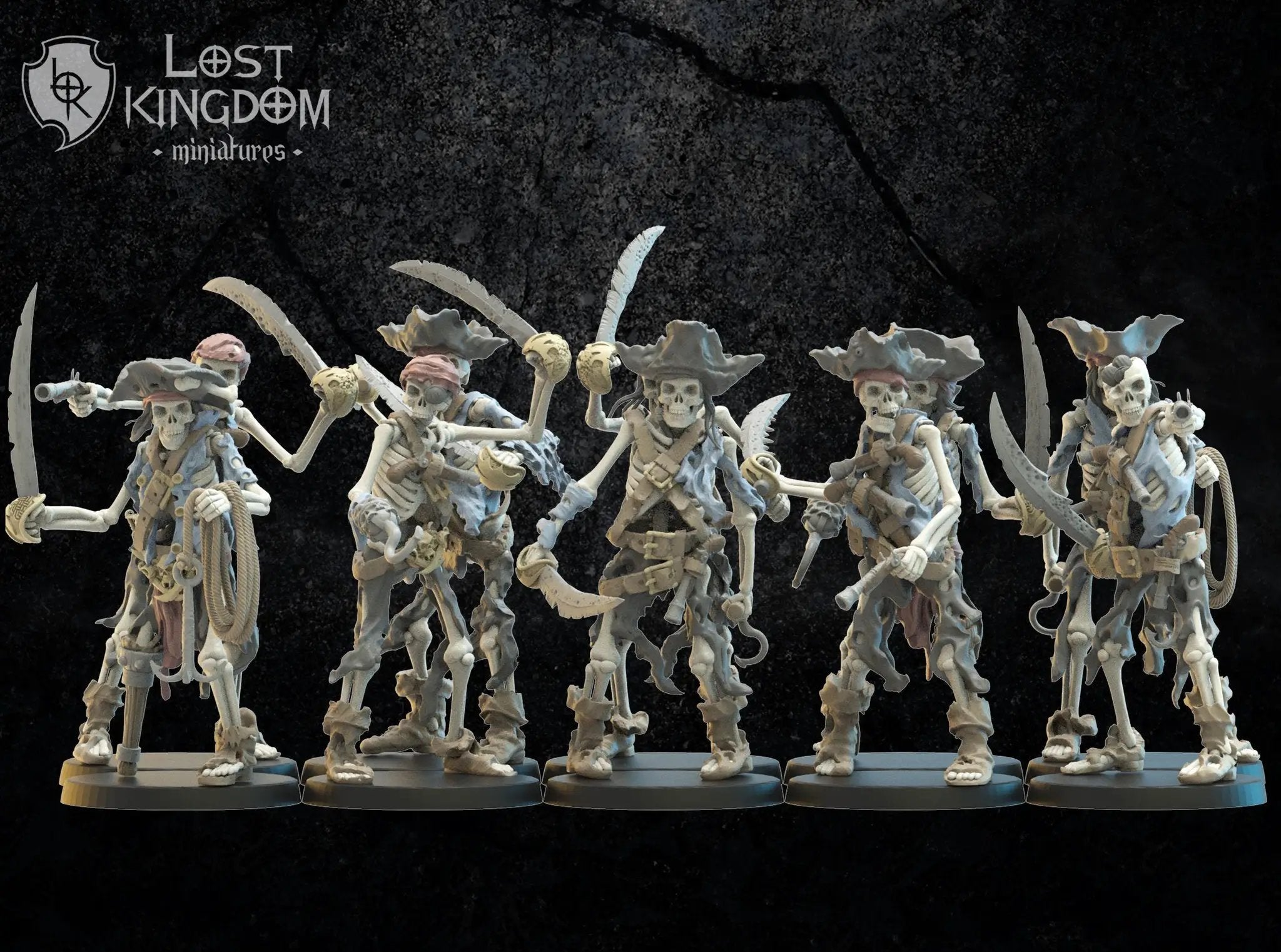 Set of ten 3D printed skeletal buccaneers model miniatures by Lost Kingdom Miniatures, detailed pirate skeleton figures.