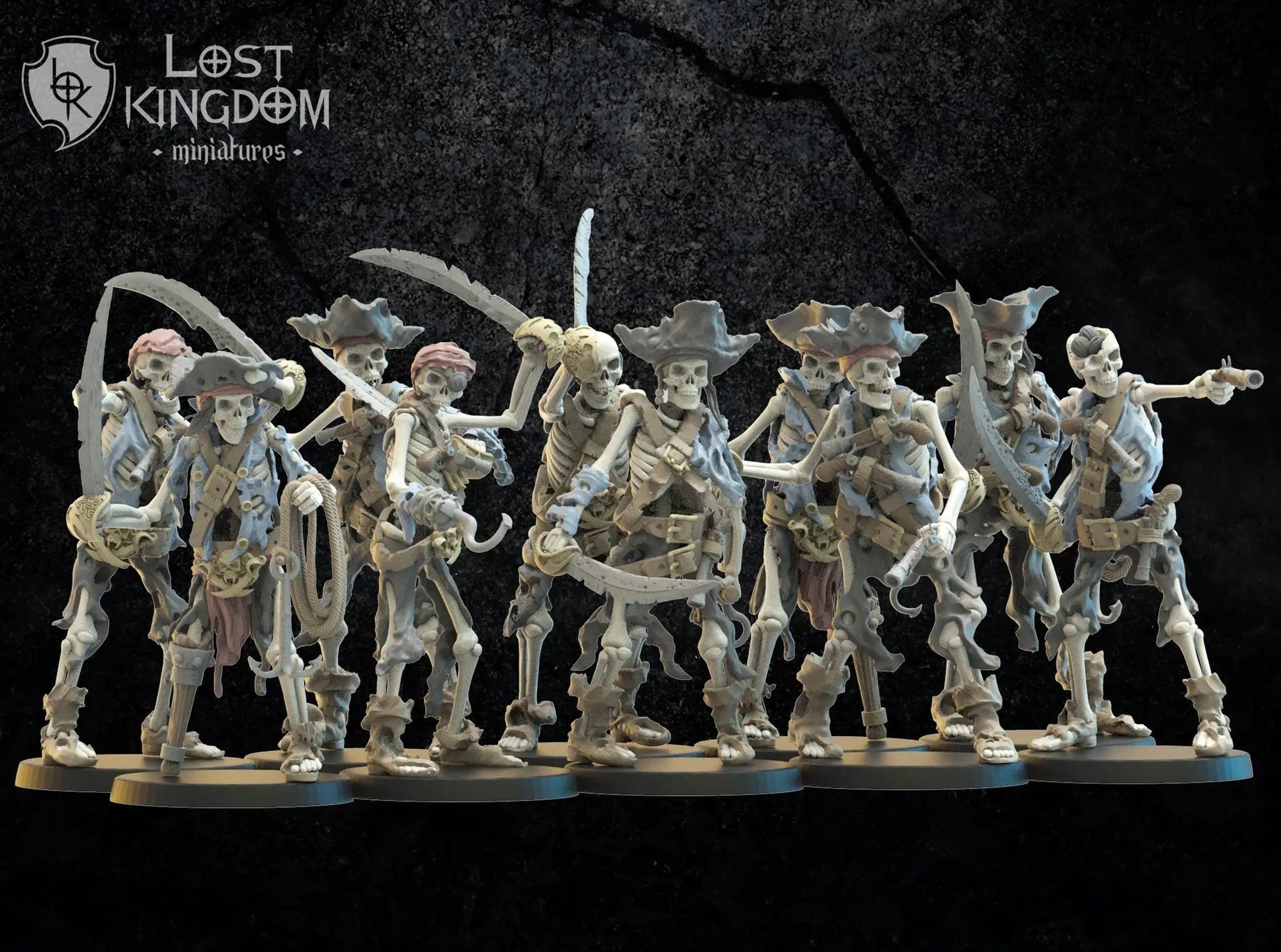 Set of 10 3D printed skeletal buccaneers model figures by Last Hope Miniatures for tabletop gaming or display.