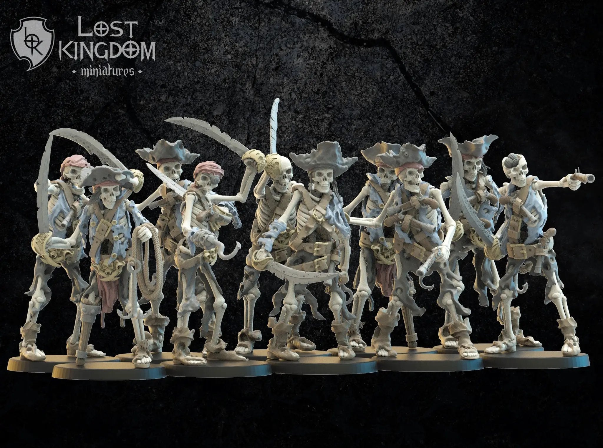 Set of 10 3D printed skeletal buccaneers model figures by Last Hope Miniatures for tabletop gaming or display.