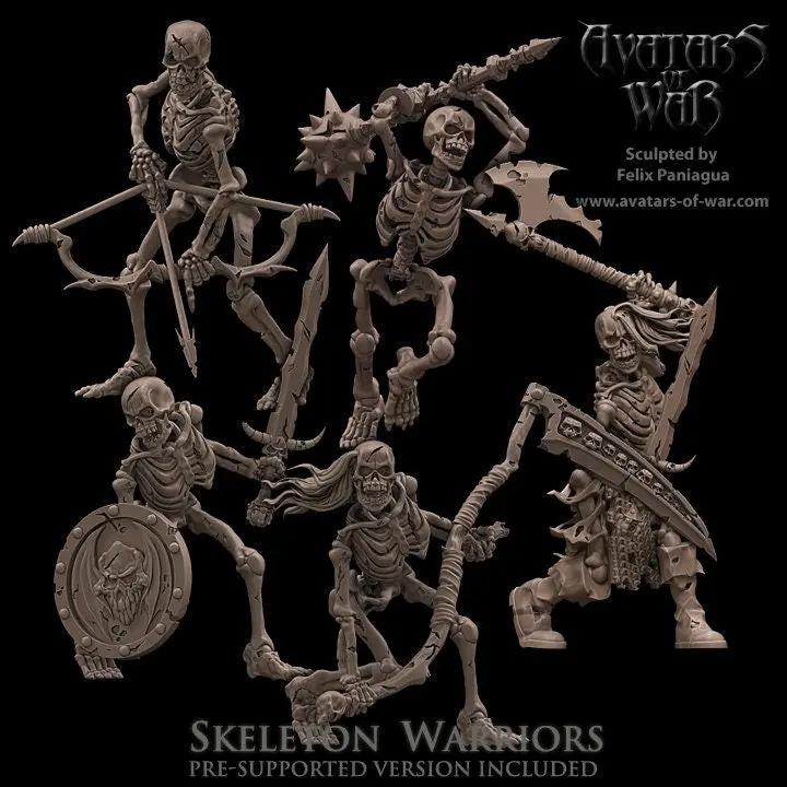 Five 3D printed Skeletal Warriors v2 models by Avatars of War, detailed miniature figures for tabletop gaming from Last Hope Miniatures.
