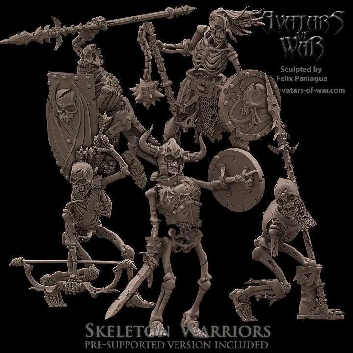 Set of five 3D printed Skeletal Warriors models by Last Hope Miniatures, detailed fantasy skeleton figurines from Avatars of War.