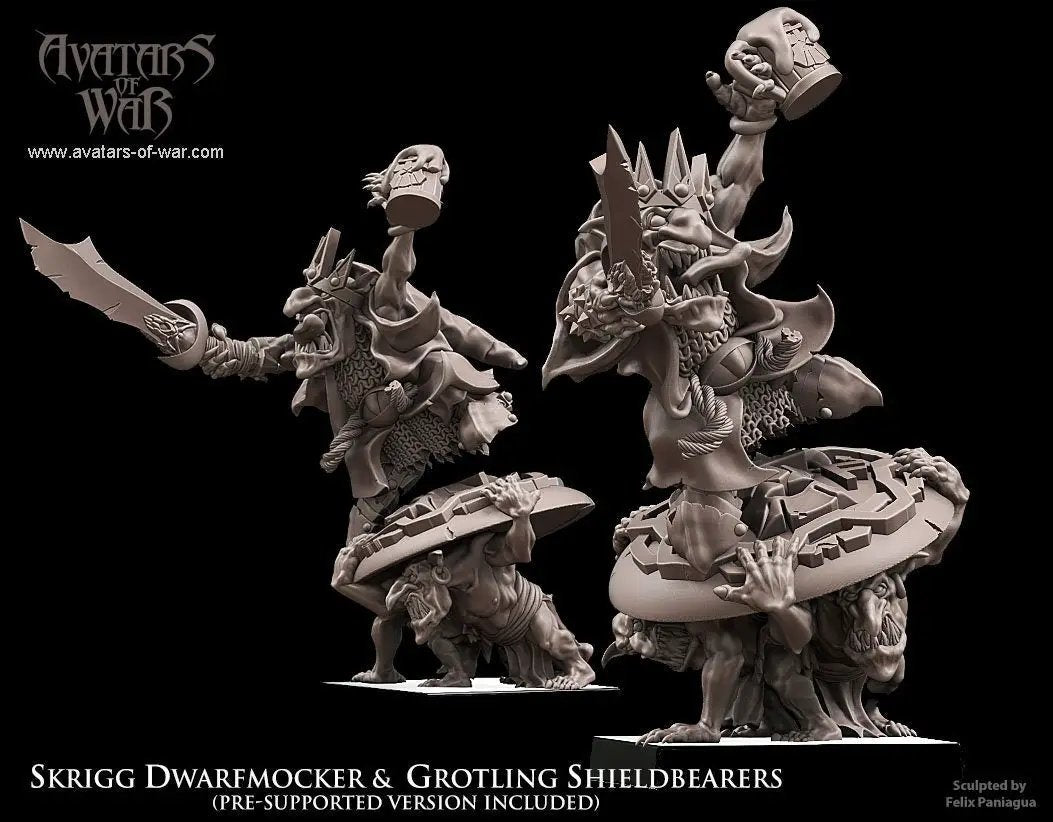 3D printed Skrigg Dwarfmocker Goblin King model by Last Hope Miniatures, detailed miniature figure from Avatars of War.