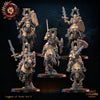 Five 3D printed Skull Collector Knights miniatures by Lost Kingdom Miniatures on a display stand, featuring detailed armor and skull motifs.
