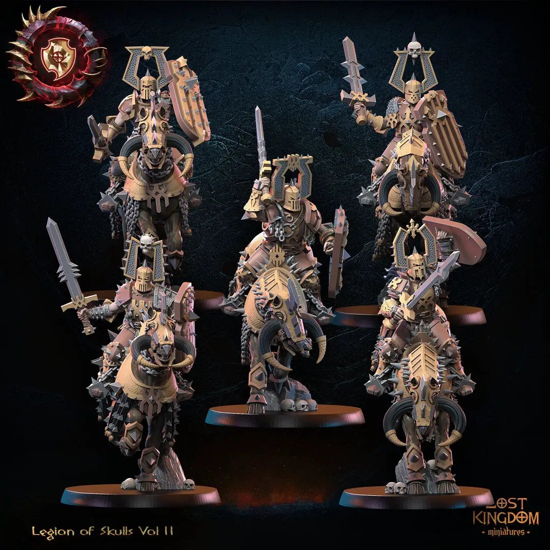 Five 3D printed Skull Collector Knights miniatures by Lost Kingdom Miniatures on a display stand, featuring detailed armor and skull motifs.