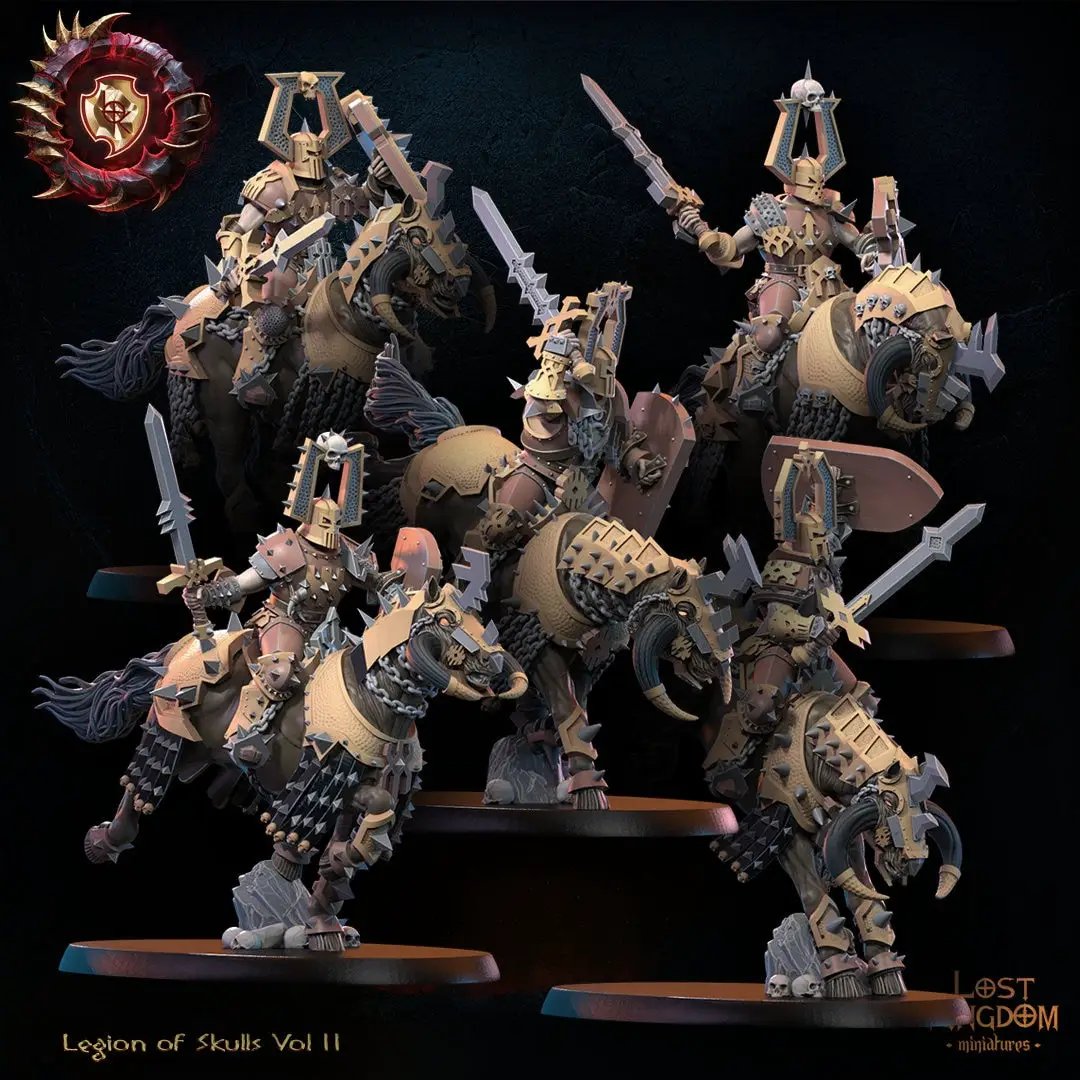 Five 3D printed Skull Collector Knights model figures by Lost Kingdom Miniatures, detailed miniature collectibles from Last Hope Miniatures.