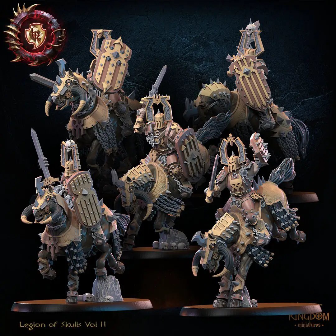 Five 3D printed Skull Collector Knights models by Last Hope Miniatures, detailed fantasy miniatures for tabletop gaming.