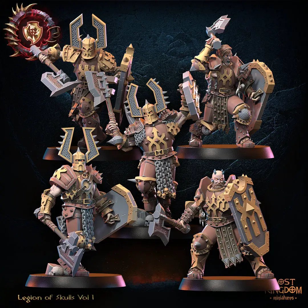 Set of ten 3D printed skull collector models by Lost Kingdom Miniatures for tabletop gaming, displayed on a flat surface.