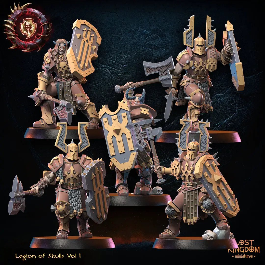 Group of 3D printed skull models by Lost Kingdom Miniatures, featuring ten detailed skulls for tabletop gaming or display.