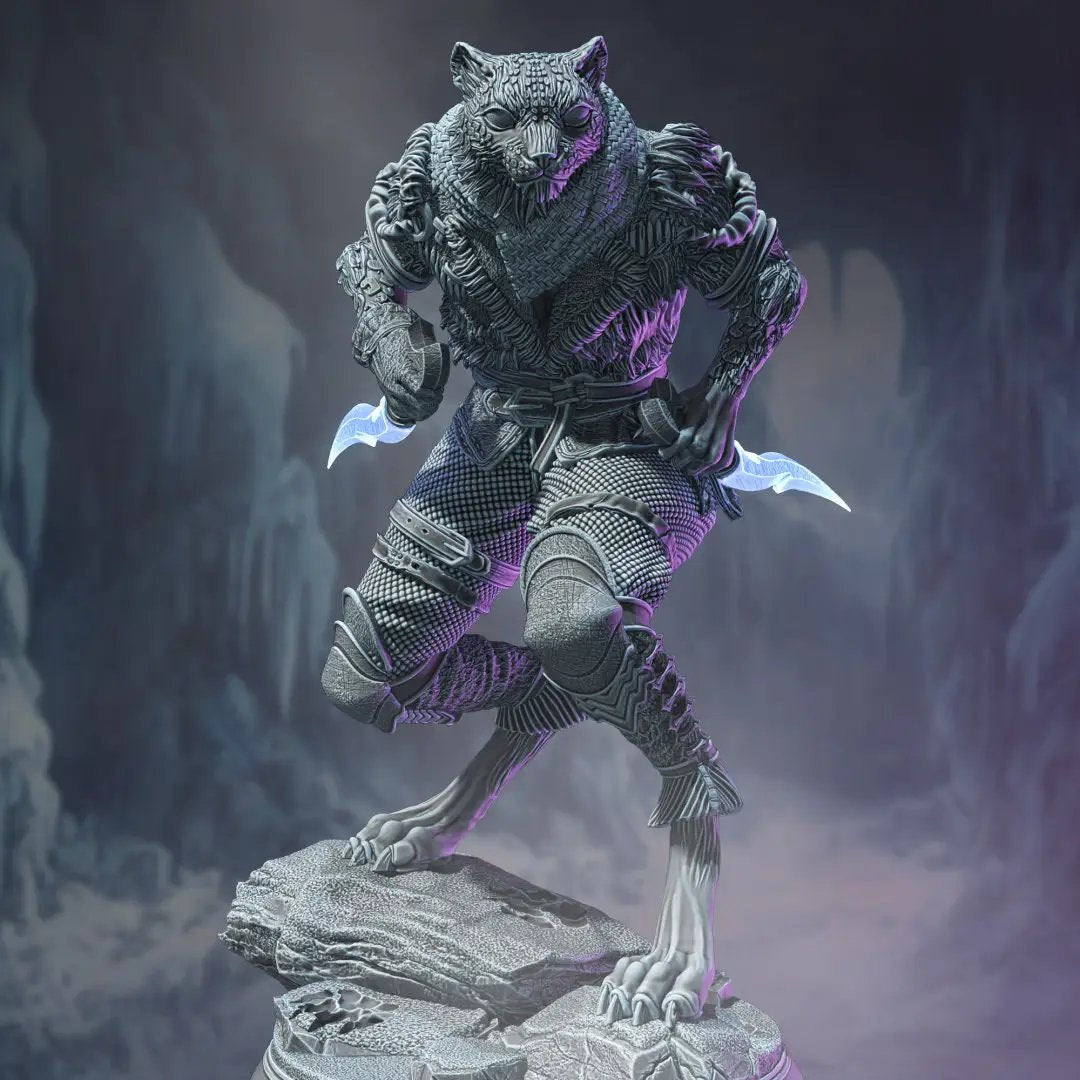 3D printed snow leopard rogue model by Last Hope Miniatures for DM Stash, showing detailed feline figure in neutral pose.