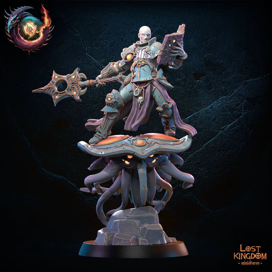 3D printed sorcerer model on tentadisk by Lost Kingdom Miniatures, designed by Last Hope Miniatures, detailed fantasy figure.