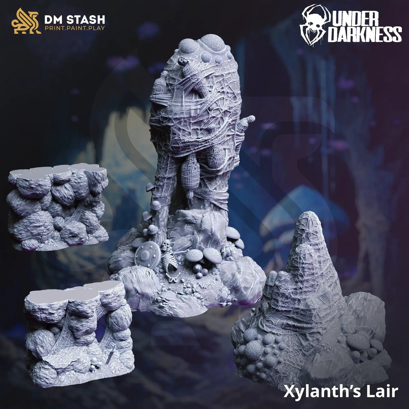3D printed Spider's Lair model set by Last Hope Miniatures, featuring detailed arachnid-themed diorama elements.