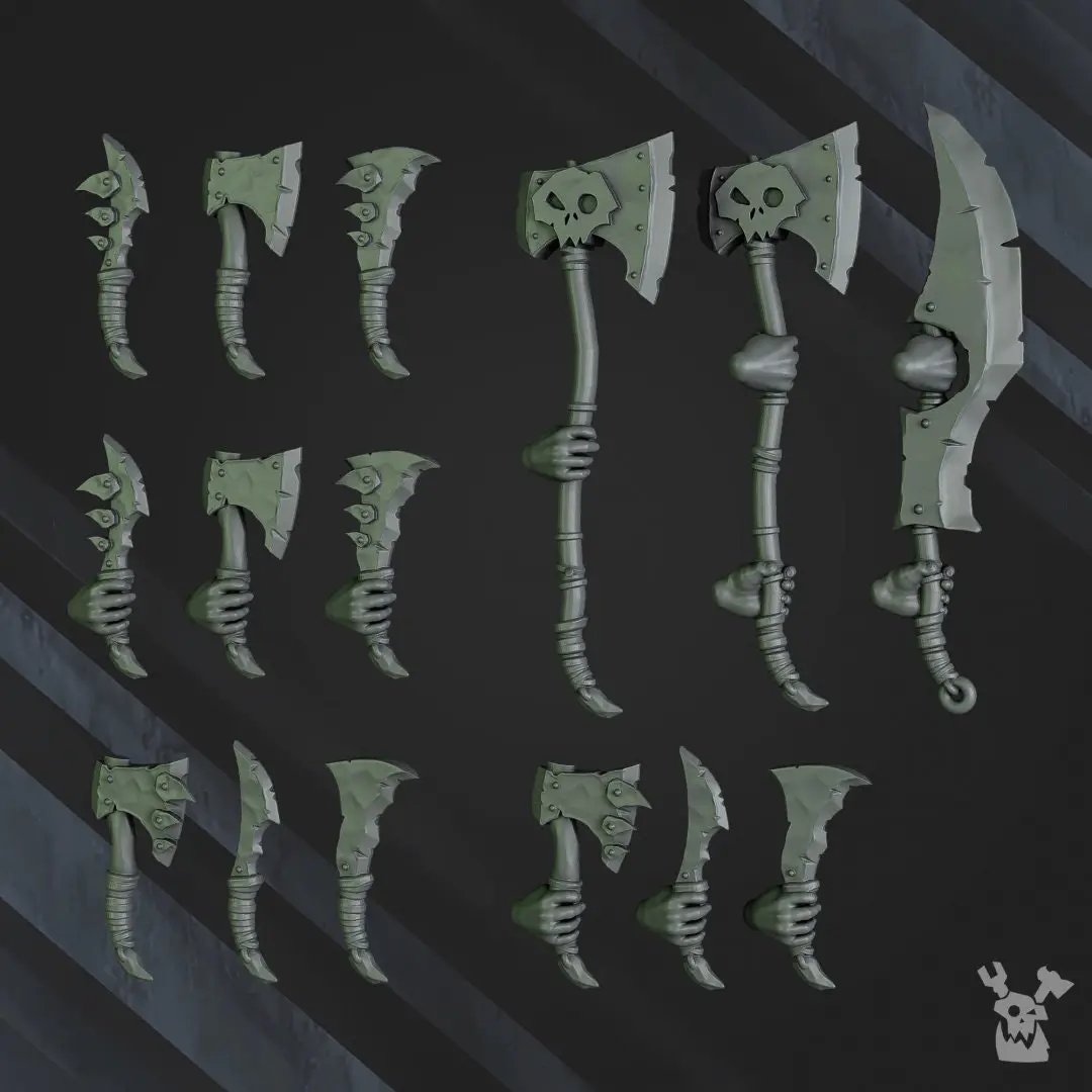 3D printed squad of five Ork Bigg'uns miniatures by Last Hope Miniatures, showcasing detailed green Ork models on a plain background.