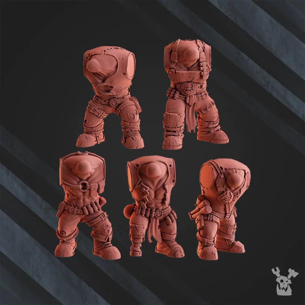 3D printed model of five Ork Boombo Boyz from DakkaDakka, produced by Last Hope Miniatures, shown assembled and painted.