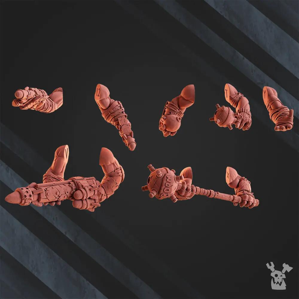 Set of five 3D printed Ork Boombo Boyz models by DakkaDakka Miniatures, assembled and painted, for tabletop wargaming.
