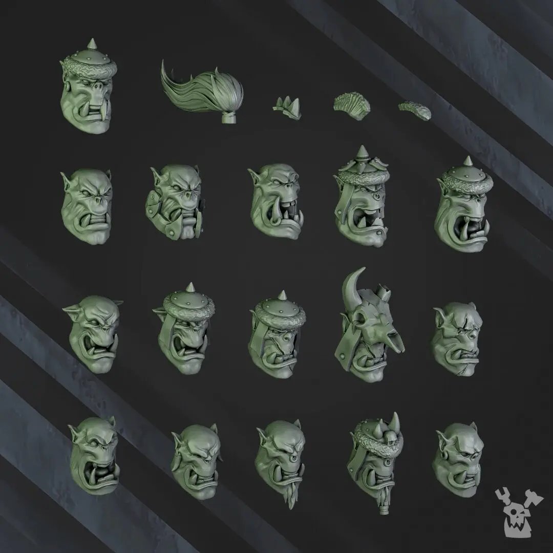 Six 3D printed Ork Boys miniatures by Last Hope Miniatures, detailed models from DakkaDakka Miniatures, arranged in a squad formation.