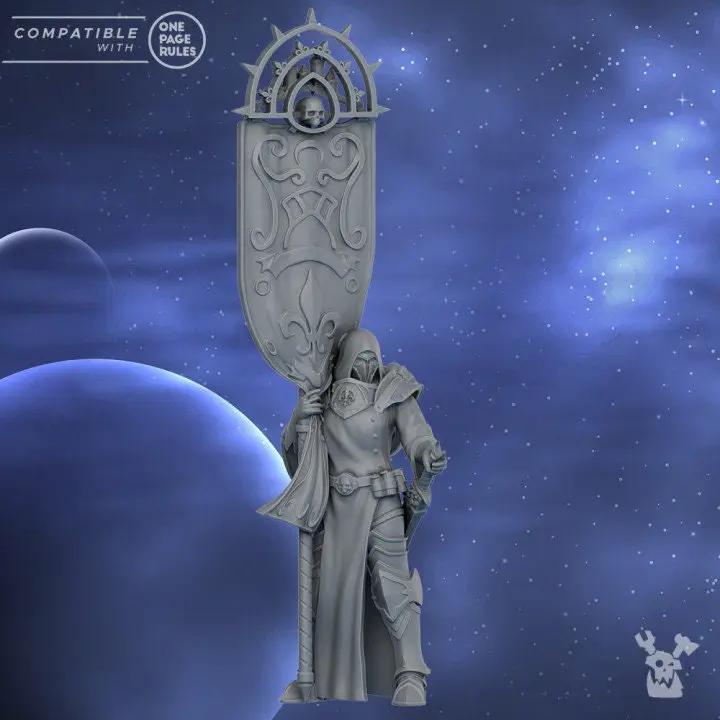 3D printed Standard Bearer of the St. Moon model by Last Hope Miniatures, detailed fantasy figure with armor and banner.