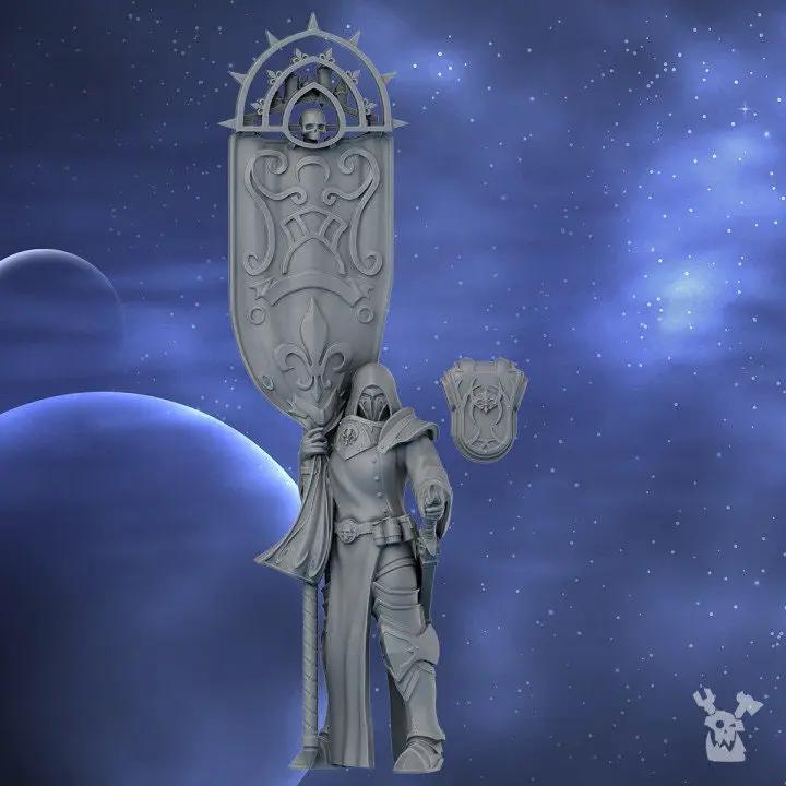 3D printed model of the Standard Bearer of the St. Moon by DakkaDakka Miniatures, painted miniature figure by Last Hope Miniatures.